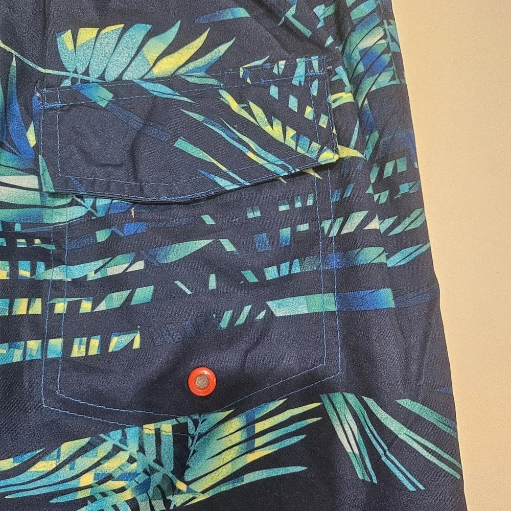 Laguna Mens Tropical Palm Print Swim Trunks Navy Blue Teal Orange Large L81134
